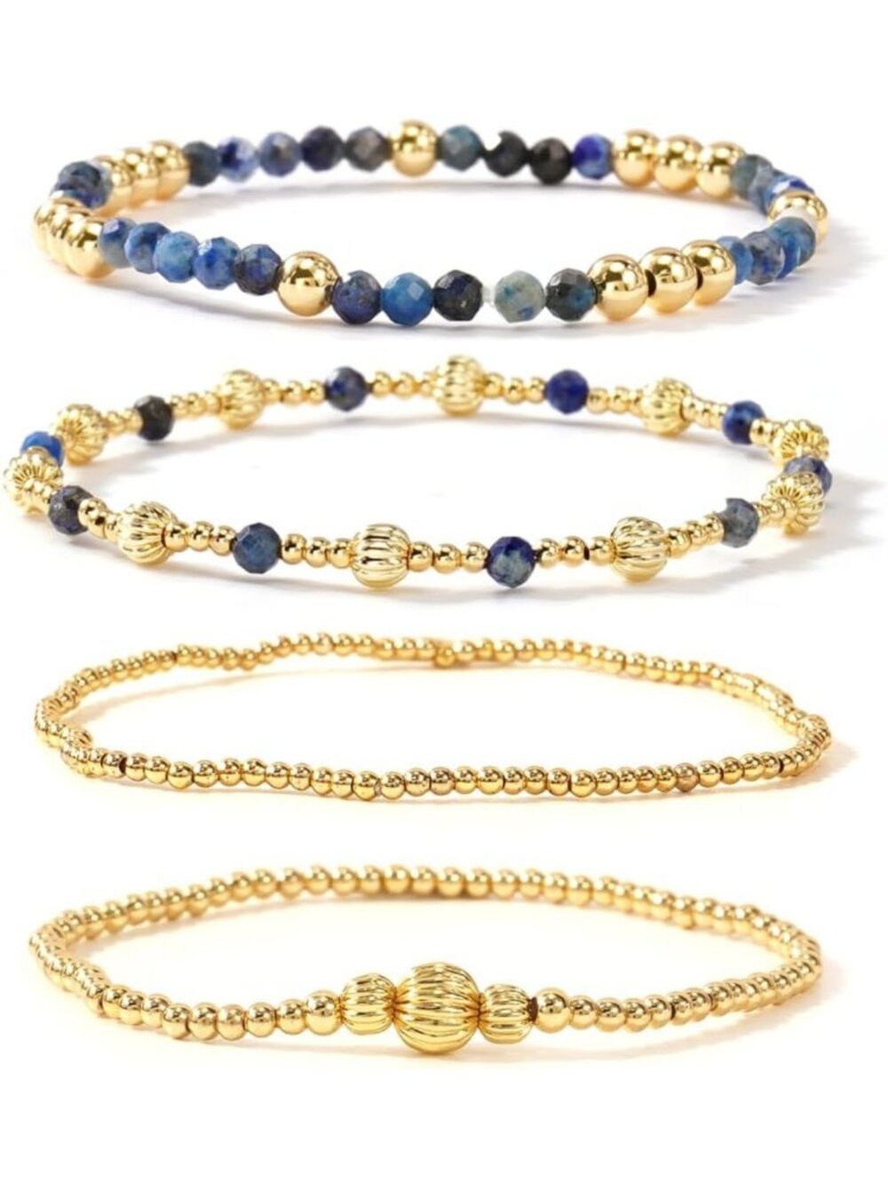 14K Gold Bead Bracelet Set for Women - 4PC Stackable Gemstone Stretch Jewelry